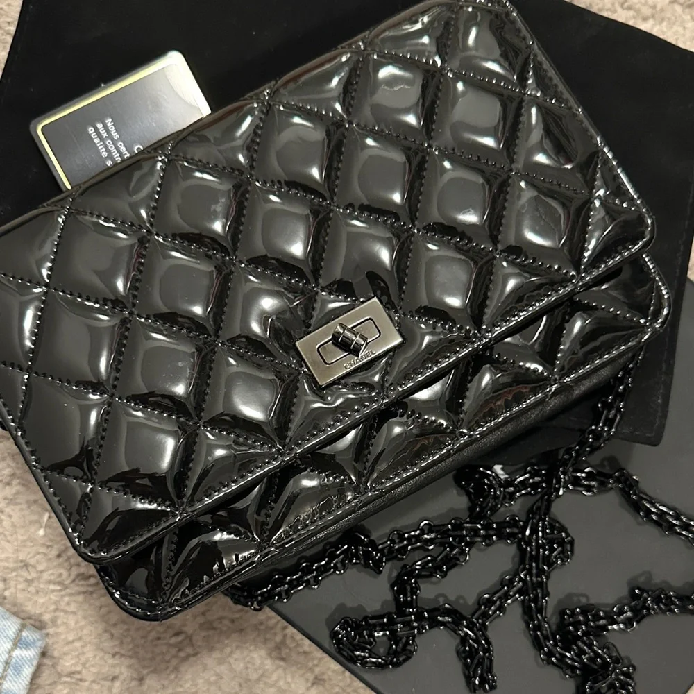 CHANEL 2.55 So Black Quilted Patent Leather Wallet on Chain